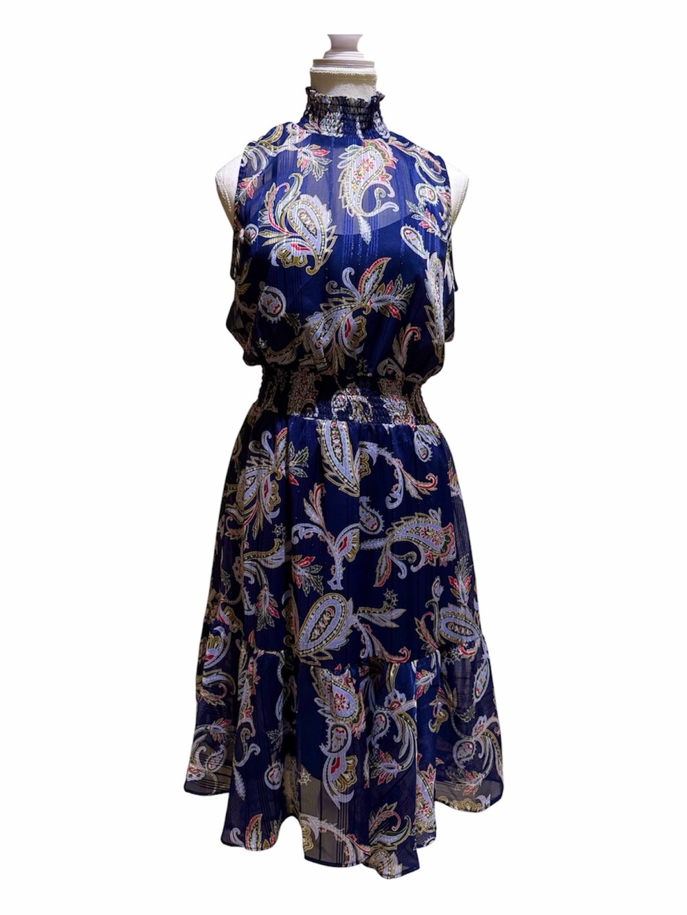 Nanette Lepore Navy Paisley High-Neck Midi Dress